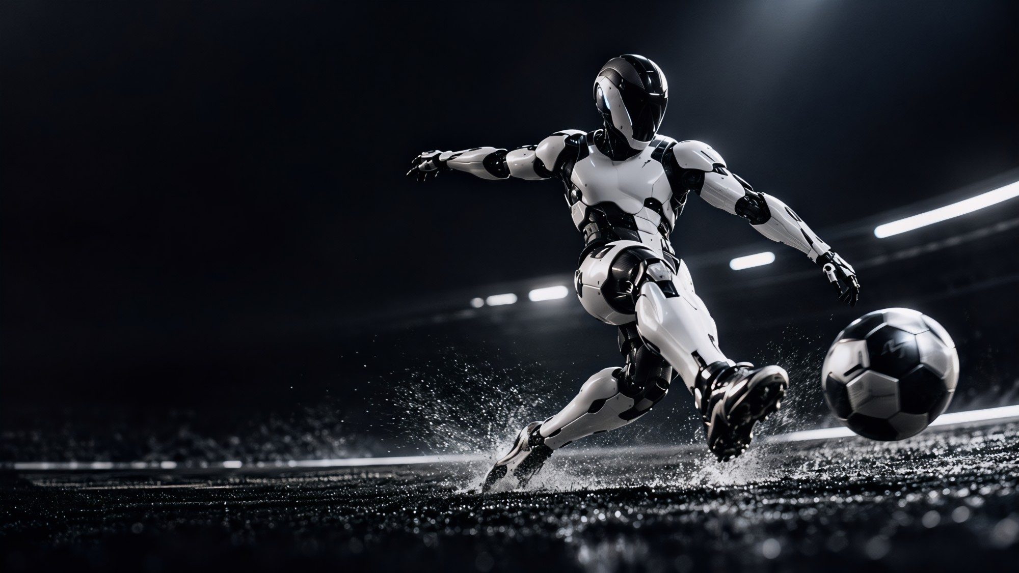 A robot footballer strikes a ball in a floodlit stadium